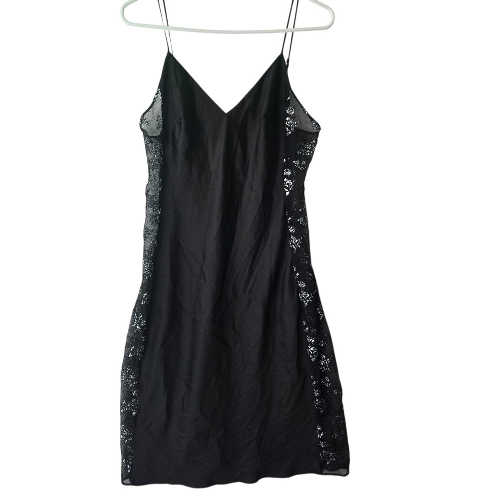 Victoria's Secret Black Satin Metallic Silver Floral Lace Slip Dress Chemise M
